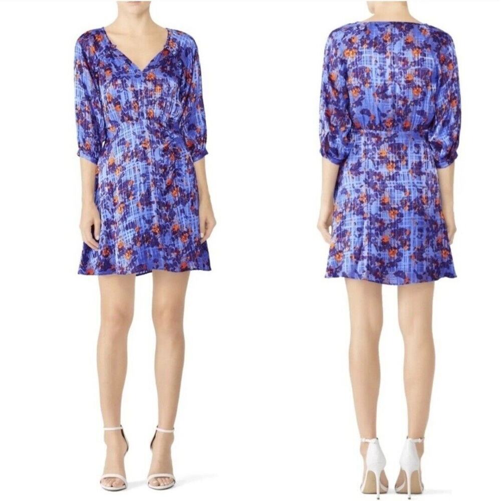 Tanya Taylor Mini Dress Size 2 Natalia Blue Orange Floral Silk Blend Fit & Flare